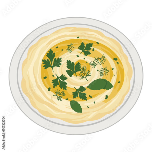 Creamy hummus garnished with fresh herbs in white bowl – flat illustration