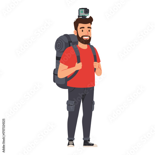 Young caucasian male hiker with gopro backpacking in cartoon style illustration – flat illustration