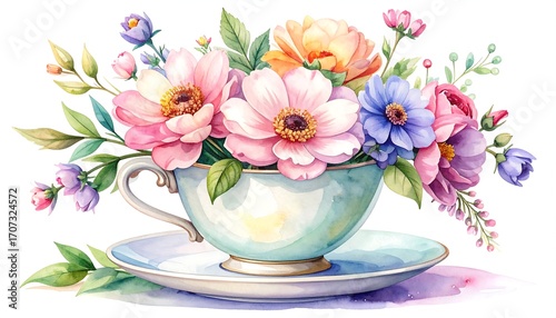 Watercolor floral bouquet in teacup