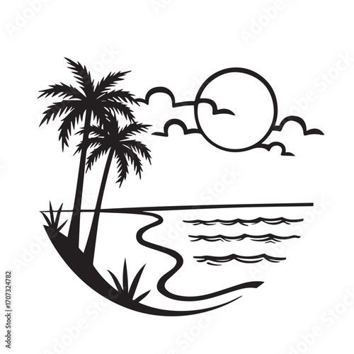 vector illustration of a tropical beach, palm, beach, tree, sea, tropical, summer, island, sun, vector, ocean, nature, illustration, travel, landscape, water, sunset, sky, sand, vacation, silhouette, 