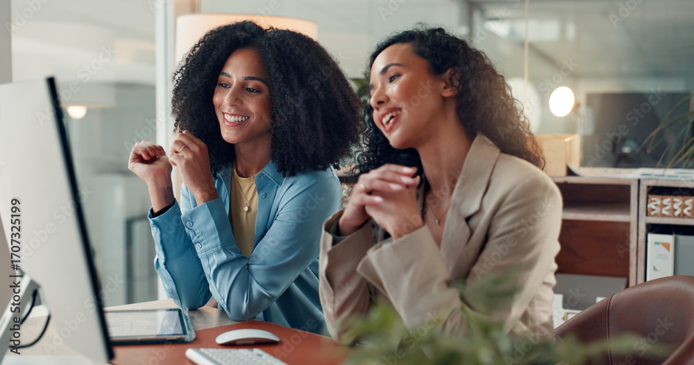 Fototapeta premium Computer, business women and collaboration in meeting at night, trading or financial feedback. Happy team, desktop and discussion in office for investment planning, stock market results or overtime
