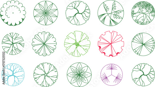 Vector tree top view isolated on white background for landscape plan and architecture layout drawing, elements for environment and garden