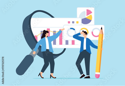 Business people examine market data and graphs in magnifier
