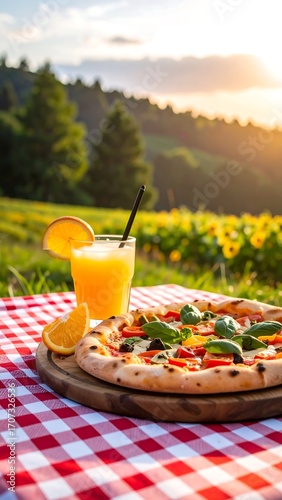 Pizza and juice picnic sunset