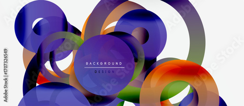 Abstract fluid shapes overlap, creating vibrant color gradients. Design features circular elements, modern aesthetic. Background is white.