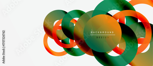 Abstract circles overlap, creating dynamic composition. Green, orange hues dominate design. Minimalist style, modern aesthetic.