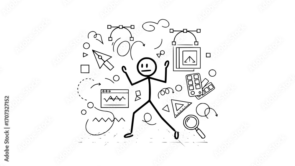 Obraz premium Stick figure overwhelmed by creative tools and design elements