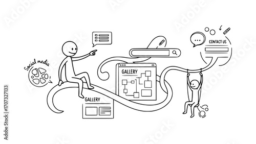 Stick figures interacting with digital elements and social media