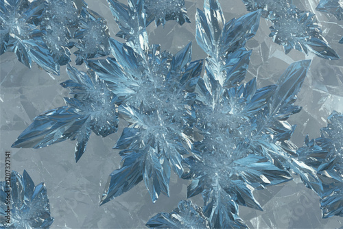 Close-up of intricate, icy blue snowflakes.