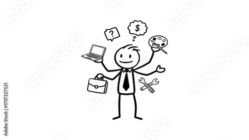 Multitasking person holding various tools and objects