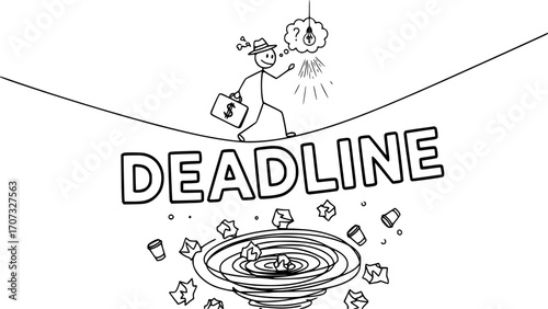 Stick figure businessman walking a tightrope over the word deadline