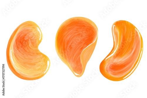 Abstract watercolor brush stroke flow shape transparent PNG set bundle isolated background. Vibrant, vivid, colorful art shapes, bright creamy peach orange color texture design
