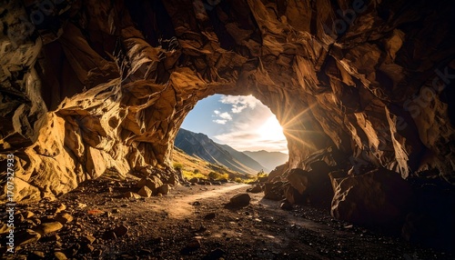 Sunlight streams through a cave entrance onto a mountain road