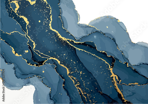 Abstract Digital Illustration of Blue and Gold Fluid Art with White Background