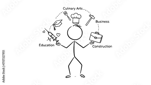 Stick figure juggling multiple career paths and symbols of professions