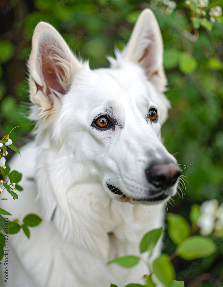 Obraz premium White dog in spring blossoms