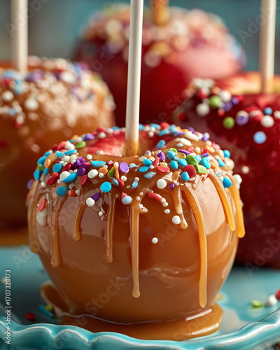 close-up of candied apples with caramel glaze and sprinkles