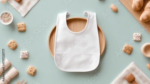 White baby bib on light teal surface with snacks