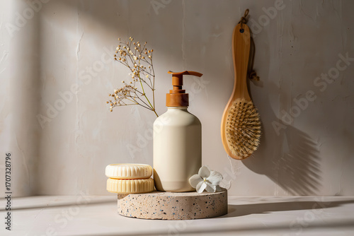 Still life of soap dispenser, soaps, flower, and brush against a neutral textured background