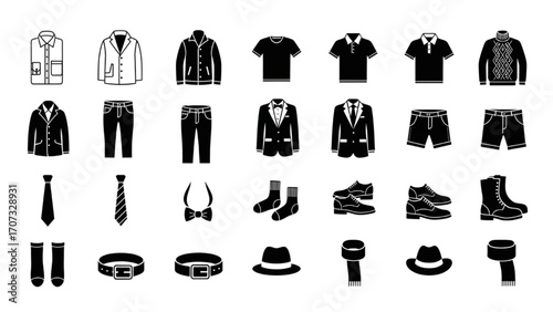 Black Silhouette Men’s Clothing Icons – 20 Fashion Vector Set of Shirts, Pants, Jackets, Suits, Outfits