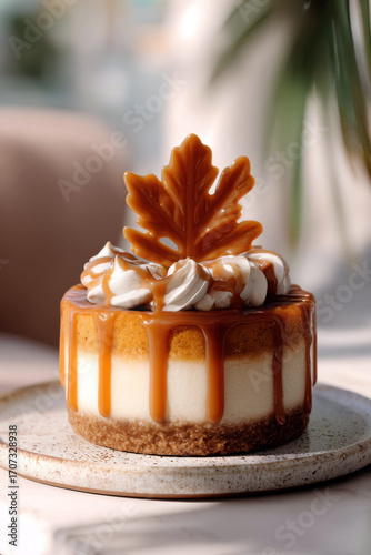 Pumpkin caramel cheesecake with whipped topping and maple leaf – warm and festive dessert scene for seasonal tablescapes