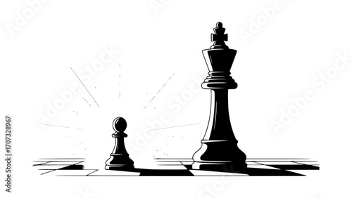 Chess pawn facing a chess king on a chessboard, symbolizing challenge