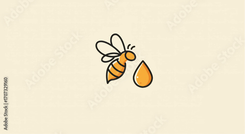 Cute cartoon bee with a drop of honey on a light background.