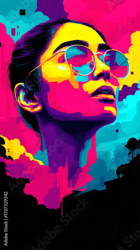 Bold and colorful artwork features a woman with striking sunglasses reflecting a vibrant landscape, showcasing captivating abstract elements and imaginative scenery