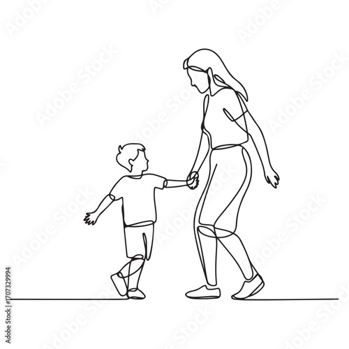 One single line Art drawing young happy mom and her son holding hands and dancing together graphic vector illustration. with white background