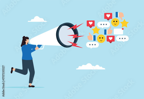Young woman PR amplify message on social media using megaphone