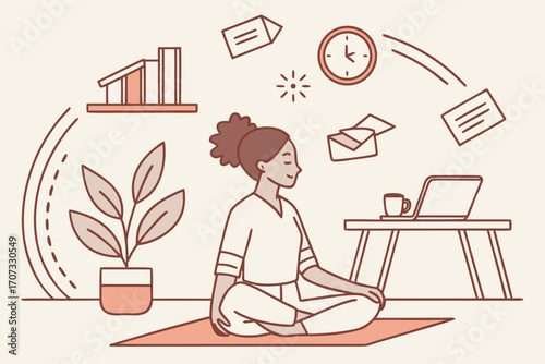 Woman meditating in home office with floating work icons and calm mood
