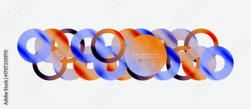 Abstract circles overlap, creating vibrant orange, blue layers. Minimalist design with text background design visible. Clean, modern aesthetic.