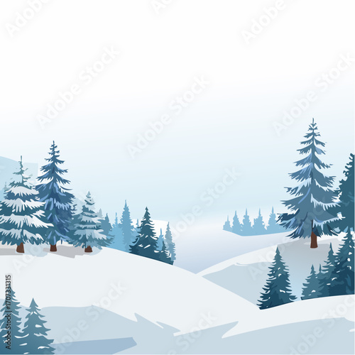 winter landscape with trees in the foreground and hills covered by snow