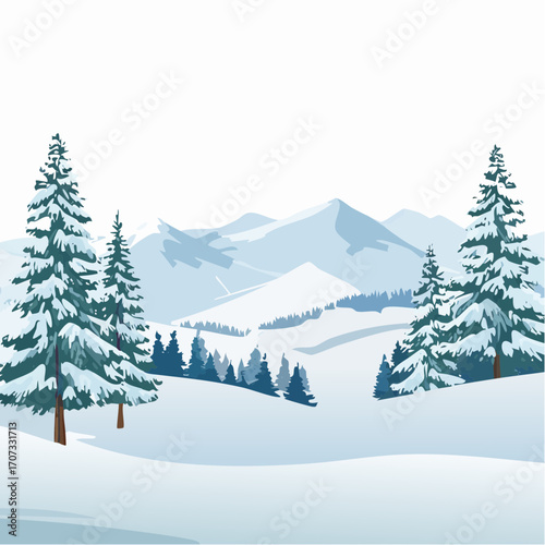winter landscape with trees in the foreground and hills covered by snow