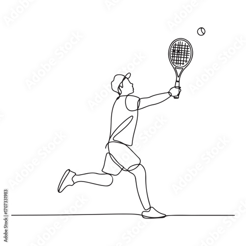 Continuous one line Art drawing young agile man tennis player jump and hit the ball. Tennis professional tournament. Sport exercise healthy concept. with white background