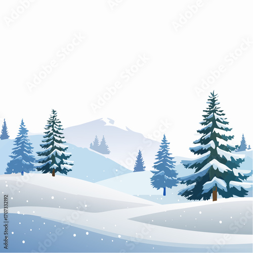 winter landscape with trees in the foreground and hills covered by snow