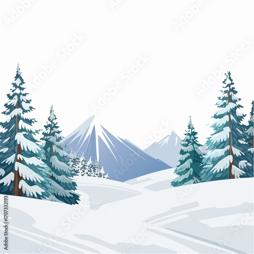winter landscape with trees in the foreground and hills covered by snow