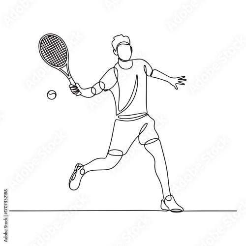 Continuous one line Art drawing young agile man tennis player jump and hit the ball. Tennis professional tournament. Sport exercise healthy concept. with white background