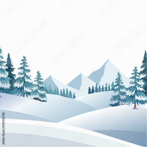 winter landscape with trees in the foreground and hills covered by snow