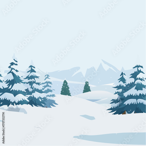 winter landscape with trees in the foreground and hills covered by snow