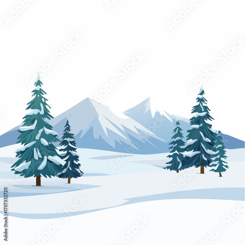 winter landscape with trees in the foreground and hills covered by snow