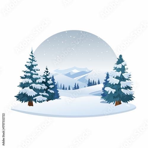 winter landscape with trees in the foreground and hills covered by snow