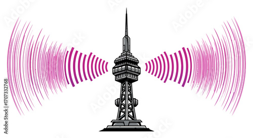 Radio tower emits magenta signal waves isolated on white