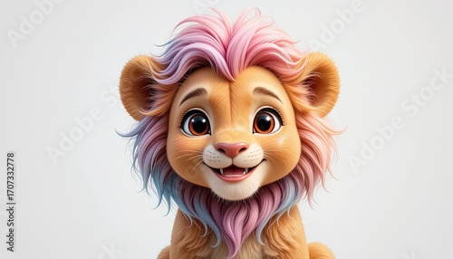 A charming, digitally rendered lion cub with vibrant pink and light blue mane, positioned against a neutral backdrop.