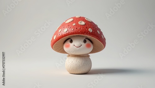 A cute, cartoonish mushroom figurine, rendered in a light, airy style, is presented on a plain, neutral background.
