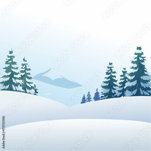 winter landscape with trees in the foreground and hills covered by snow