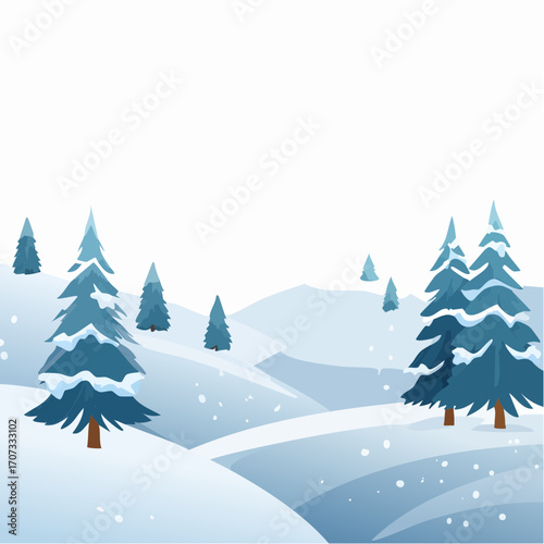 winter landscape with trees in the foreground and hills covered by snow