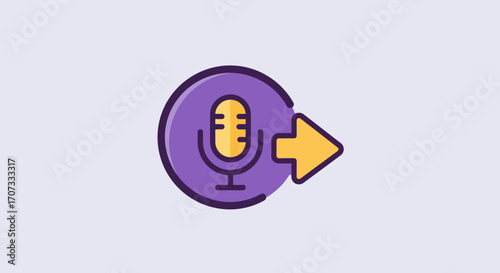 The image shows a purple circle containing a yellow microphone with a yellow arrow coming out of the right side of the circle