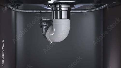 New Chrome Plumbing Installation Under Modern Kitchen Sink Close Up
