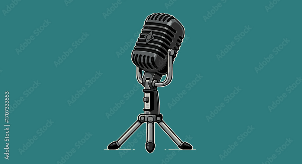 Vintage microphone on a tripod stand gray scale with teal backdrop